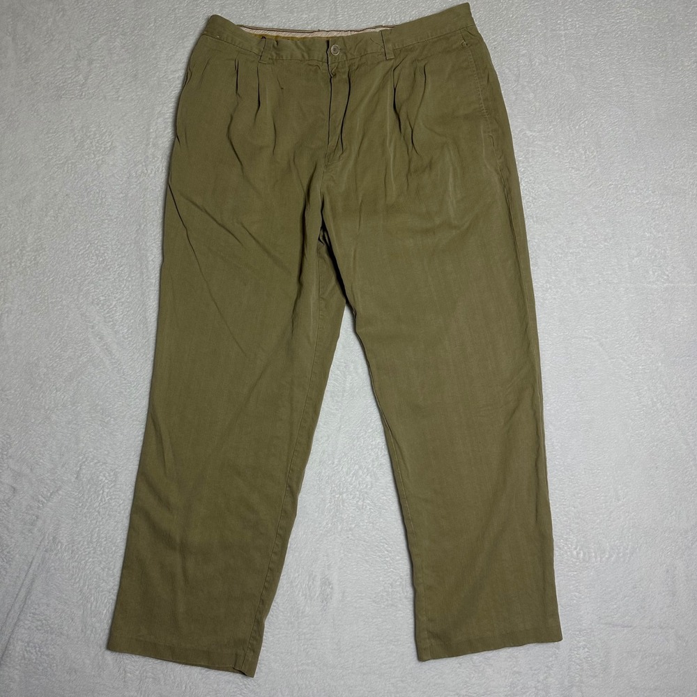 Tommy Bahama Mens 36x30 Pleated Silk Bamboo Rayon Herringbone Pants Khaki Resort